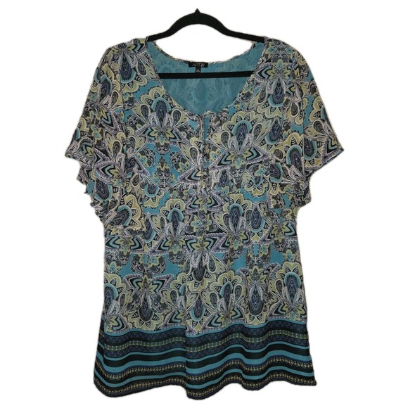 Apt 9 Tops - APT 9 Teal Paisley Print Blouse Tie V-Neck Top Women's XL Ruffled Short Sleeves
